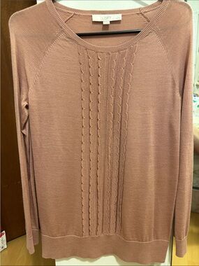 LOFT Dusty Rose Cable-Front Scoop-Neck Sweater